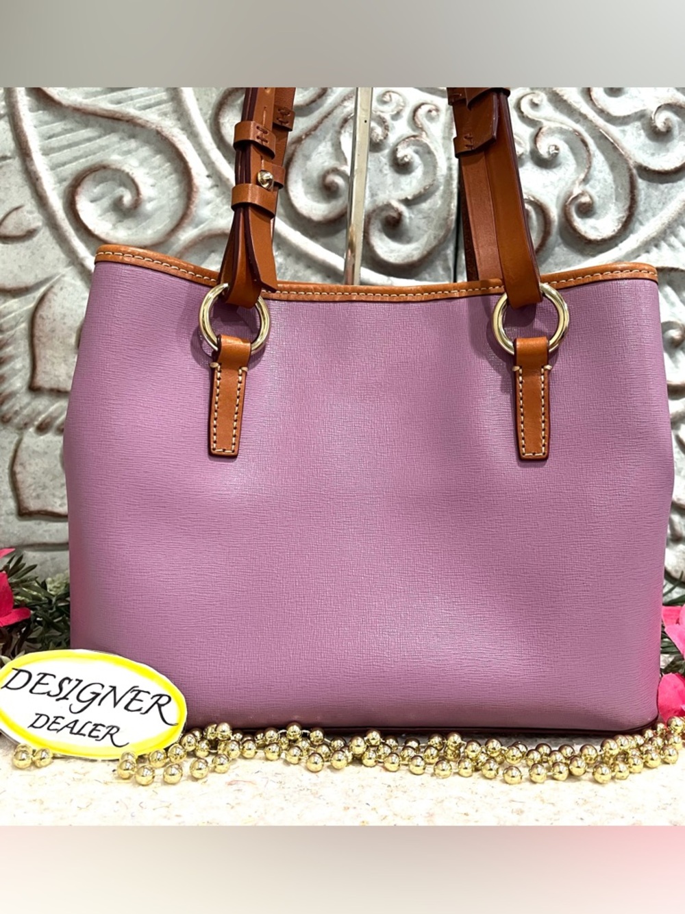 Dooney & Bourke Pink Leather Shoulder Tote with Brown Trim - Picture 6 of 12